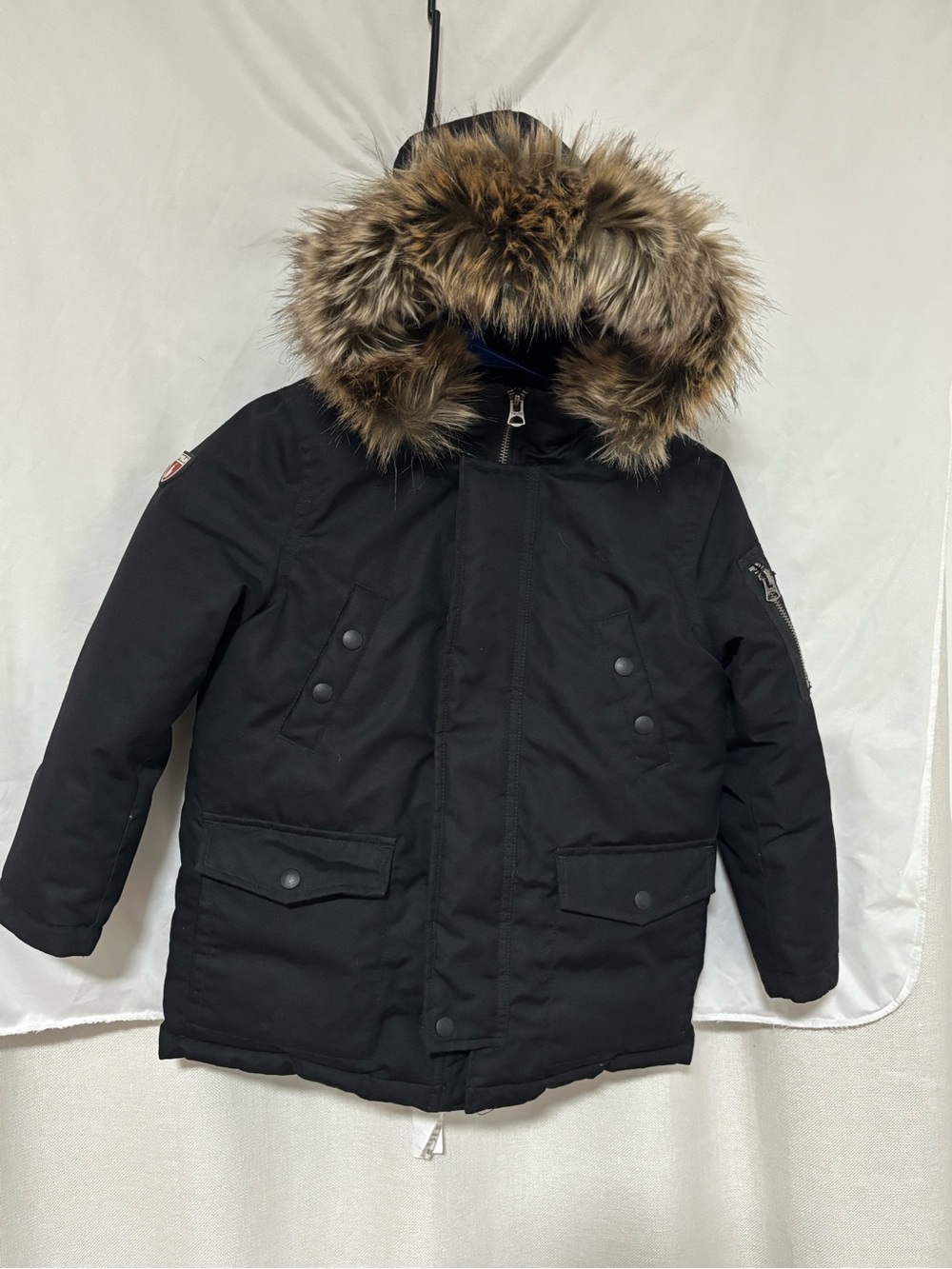 Polo Ralph Lauren Boys Black Hooded Down Puffer Parka Fur Trim Size 6
